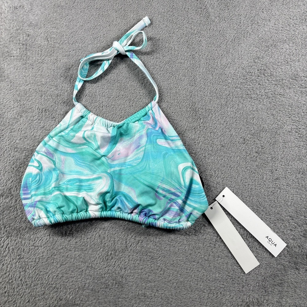 AQUA Swim Women's Swirl Print High Neck Halter Bikini Top Turquoise Sz XS NWT